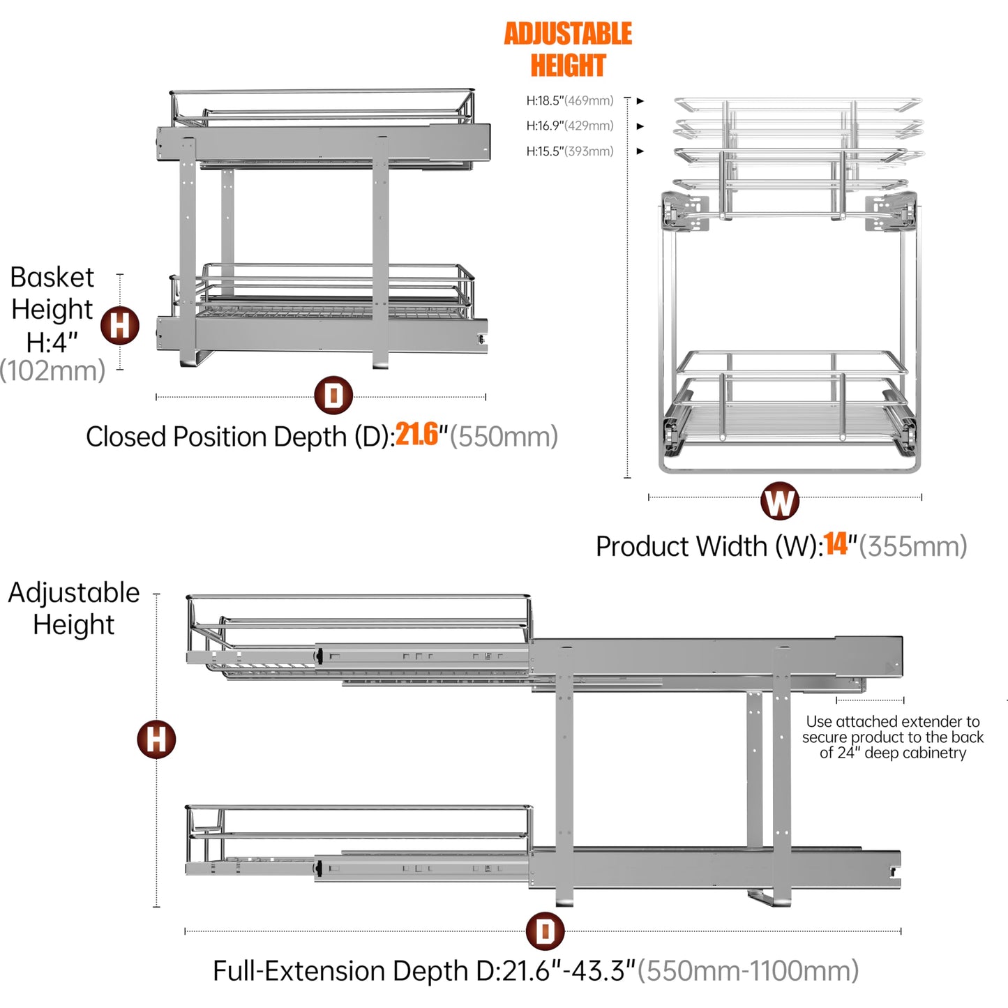 JOWBOOW 2-Tier Cabinet Pull Out Shelves (14" W x 22" D), Slide Out Shelves for Kitchen Cabinets, Metal Under Cabinet Roll Out Shelf