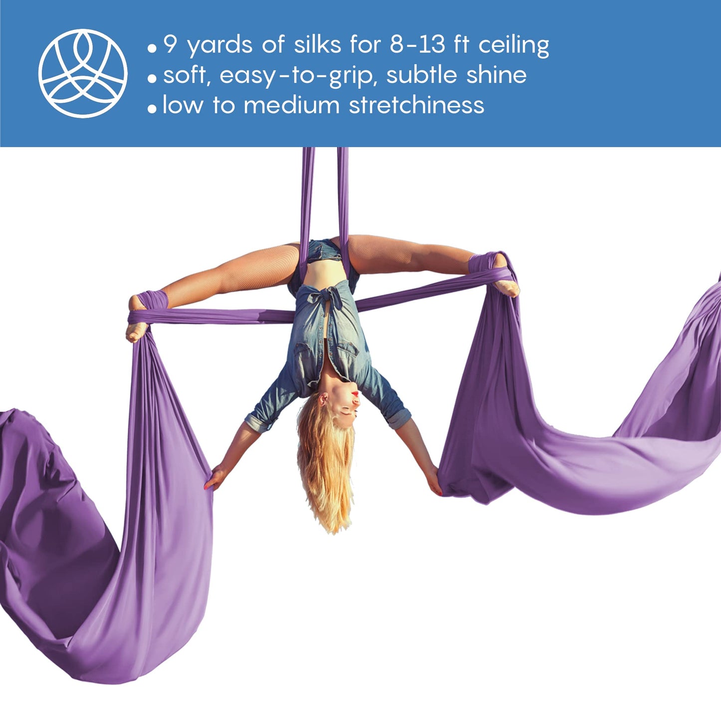 Aum Active Aerial Silks Starter Kit - Durable 9 Yards of Aerial Yoga Hammock with Hardware & Guide - Aerial Swing for Acrobatic Flying Yoga & All Levels (Aerial Rigging Point Up to 13ft)