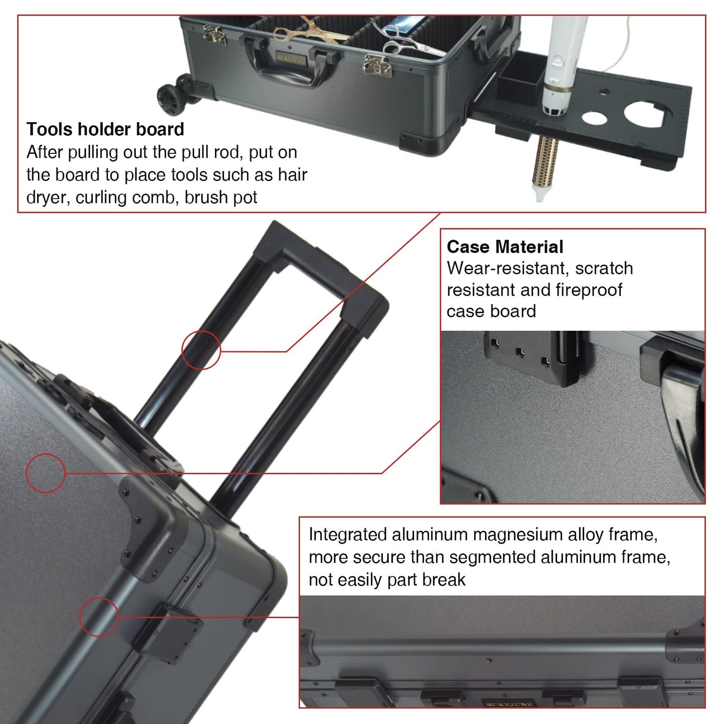RUKEJUNE Rolling Makeup Train Case with Mirror and Lights Cosmetic Travel Box Mobile Barber Stations with Bluetooth, Speaker, Wheels, Stands