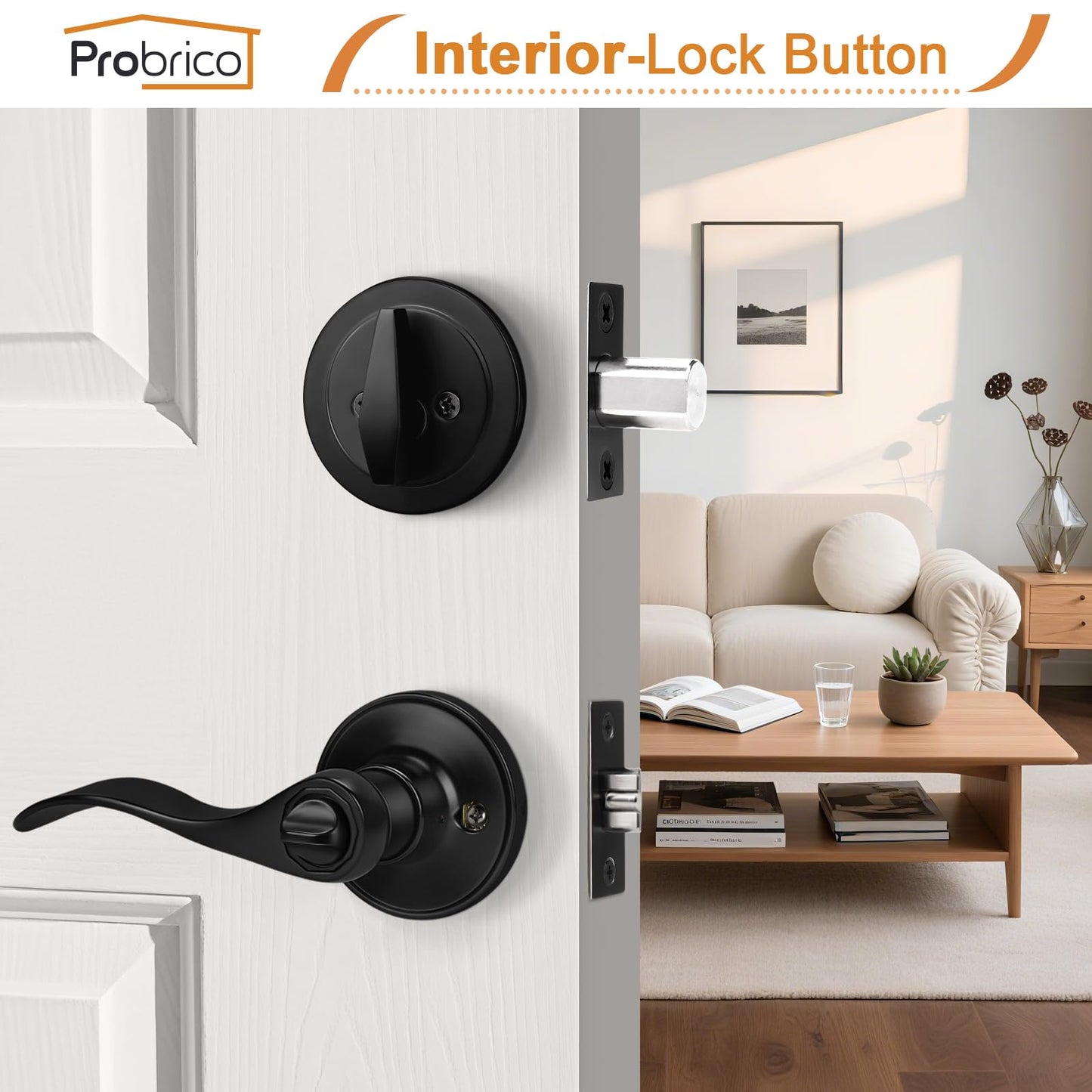 Probrico Front Door Handle and Single Cylinder Deadbolt Set, Black Exterior Door Handle with Deadbolt Lockset,Wave Reversible Door Lever Locks with Deadbolt Set, Keyed Alike 3Pack