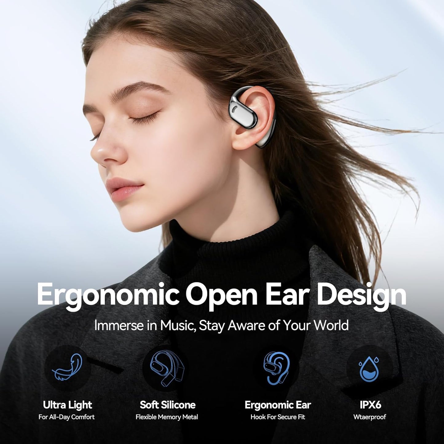 48h IPX6 Open Ear Earbuds Bluetooth Wireless Headphones with LED Power Display, Playtime, Waterproof Comfortable