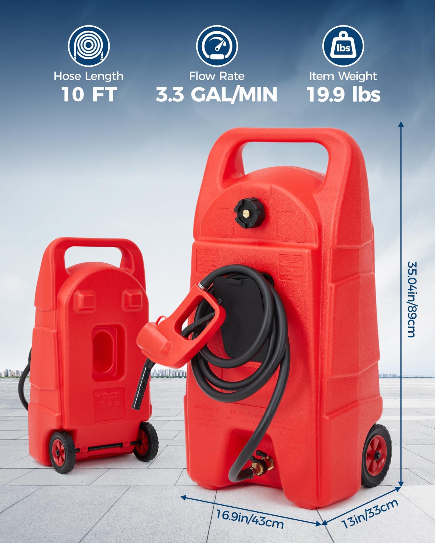 Garvee Slim 15 Gallon Gas Can, Fuel Tank Container with LE Fluid Transfer Manual 10 FT Siphon Pump, Portable Diesel Gas Storage Caddy Wheels for ATV, Weeder, Boat, Tractor, Snow Blower,Generator