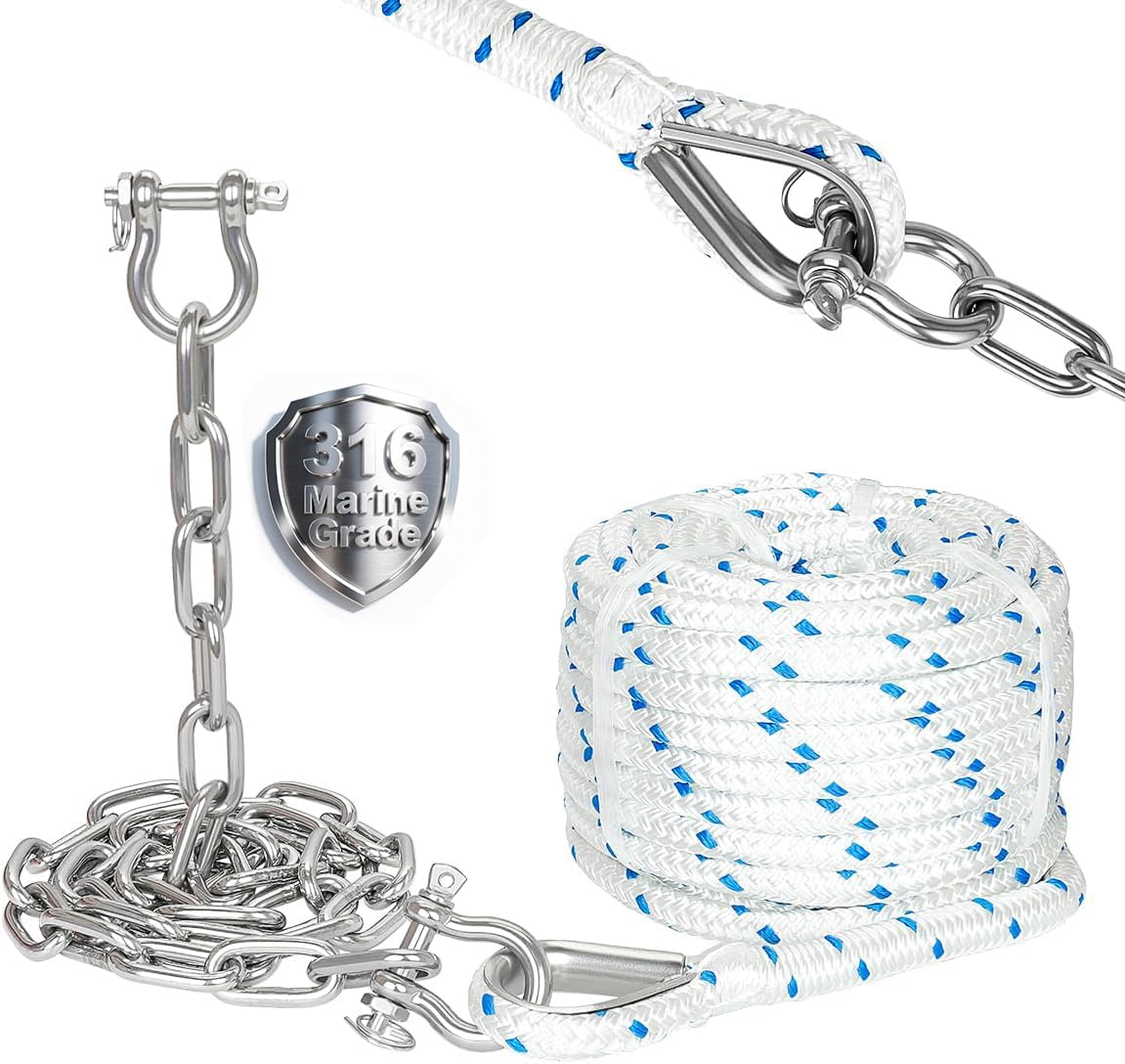 FUCNEN 5/8" Boat Anchor Rope 200 FT with 316 Stainless Steel Anchor Chain 5/16" x 10 FT, 5/16" Bow Shackles and 5/8" Thimble, Anchor Rode for Mooring, Boats Pontoon, Deck, Fishing, Sail