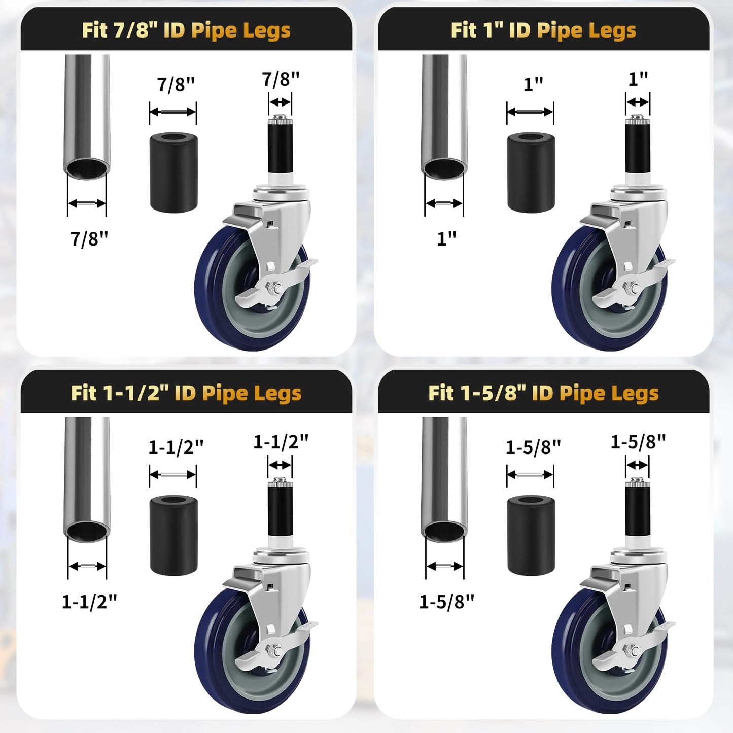 Besitu 5 Inches Prep Table Wheels Set of 4, Expanding Stem Casters Fit for 7/8", 1", 1-1/2" and 1-5/8" Tube Leg for Stainless Steel Table, Cart, Furniture Legs, Commercial Kitchen Appliances