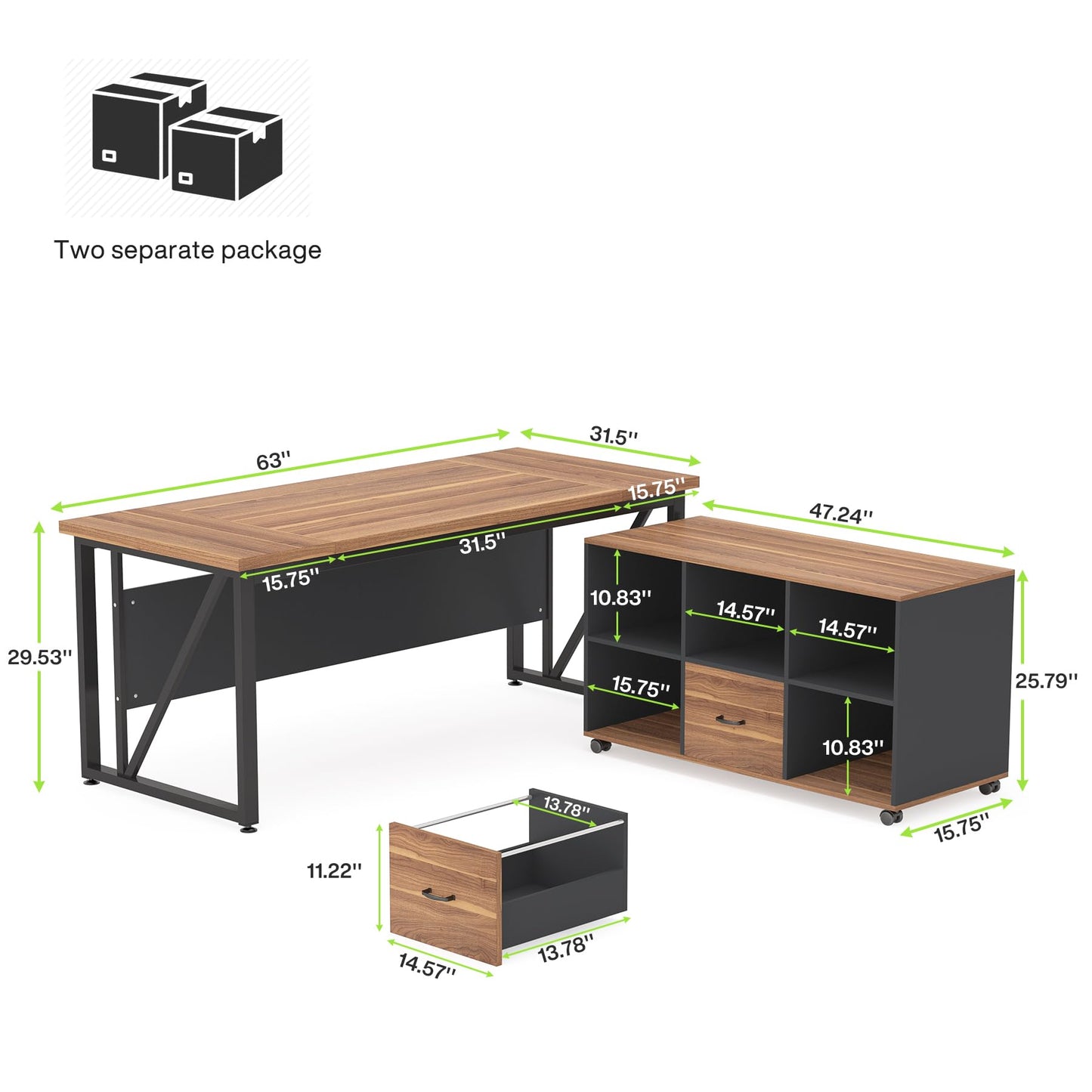 Tribesigns 63 inches Executive Desk and 47" lateral File Cabinet, L-Shaped Computer Desk Home Office Business Furniture with Drawers and Storage Shelves, Office Table,Brown and Black