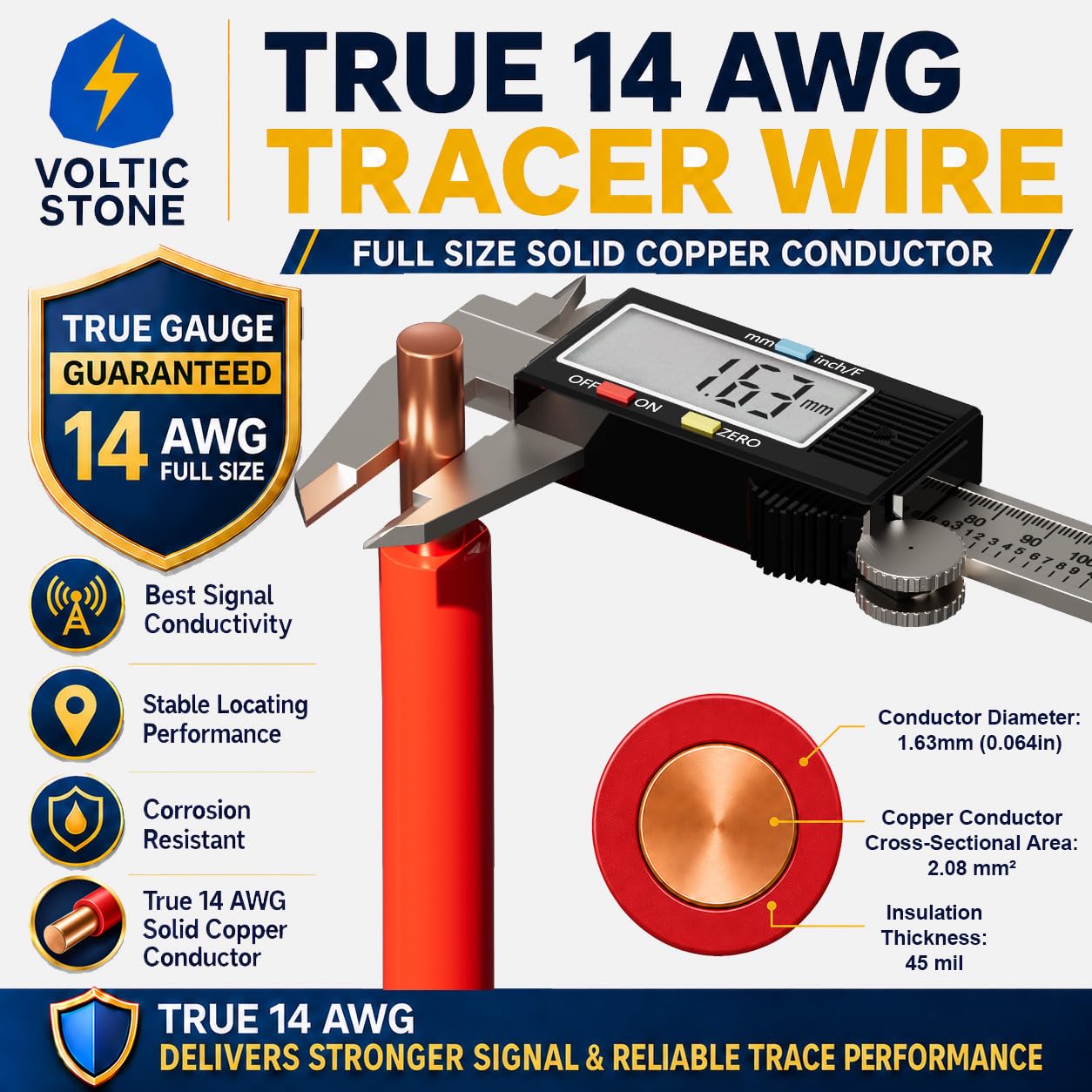Voltic Stone 14 AWG Red Electrical Conduit Tracer Wire, True Gauge 100% Solid Copper Direct Burial Underground Locating Cable, 30/600V Rated, HDPE Jacket, Corrosion-Resistant for Power Conduit