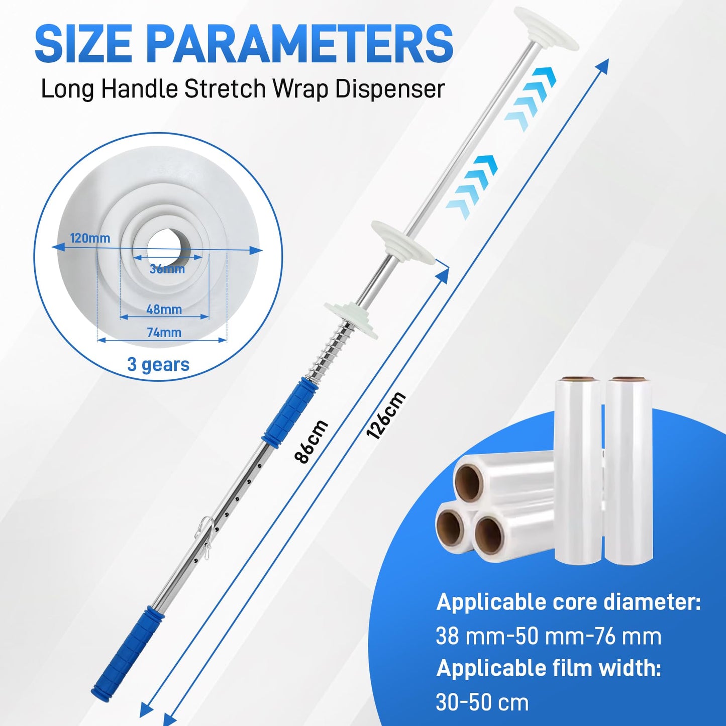 6-Pack Heavy Duty Stretch Film Dispenser Pole Holder - 48 Inch Extra Long Handle for Pallet Wrapping - Fits 12" to 24" Rolls with 2" to 3" Core - Industrial Grade Stretch Wrap