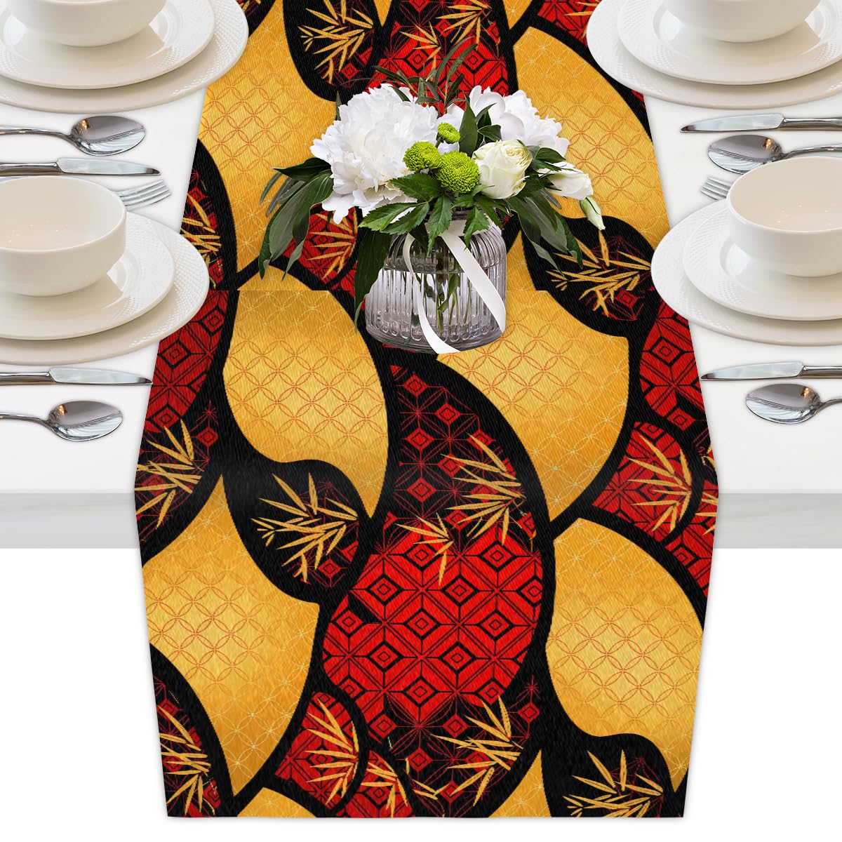 AUUXVA Japanese Table Runner 13x90in Red Asian Table Runner for Dining Table Durable Luxury Dresser Scarf Tabletop Cloth for Holiday New Year Japanese Party Decorations Oriental Decor