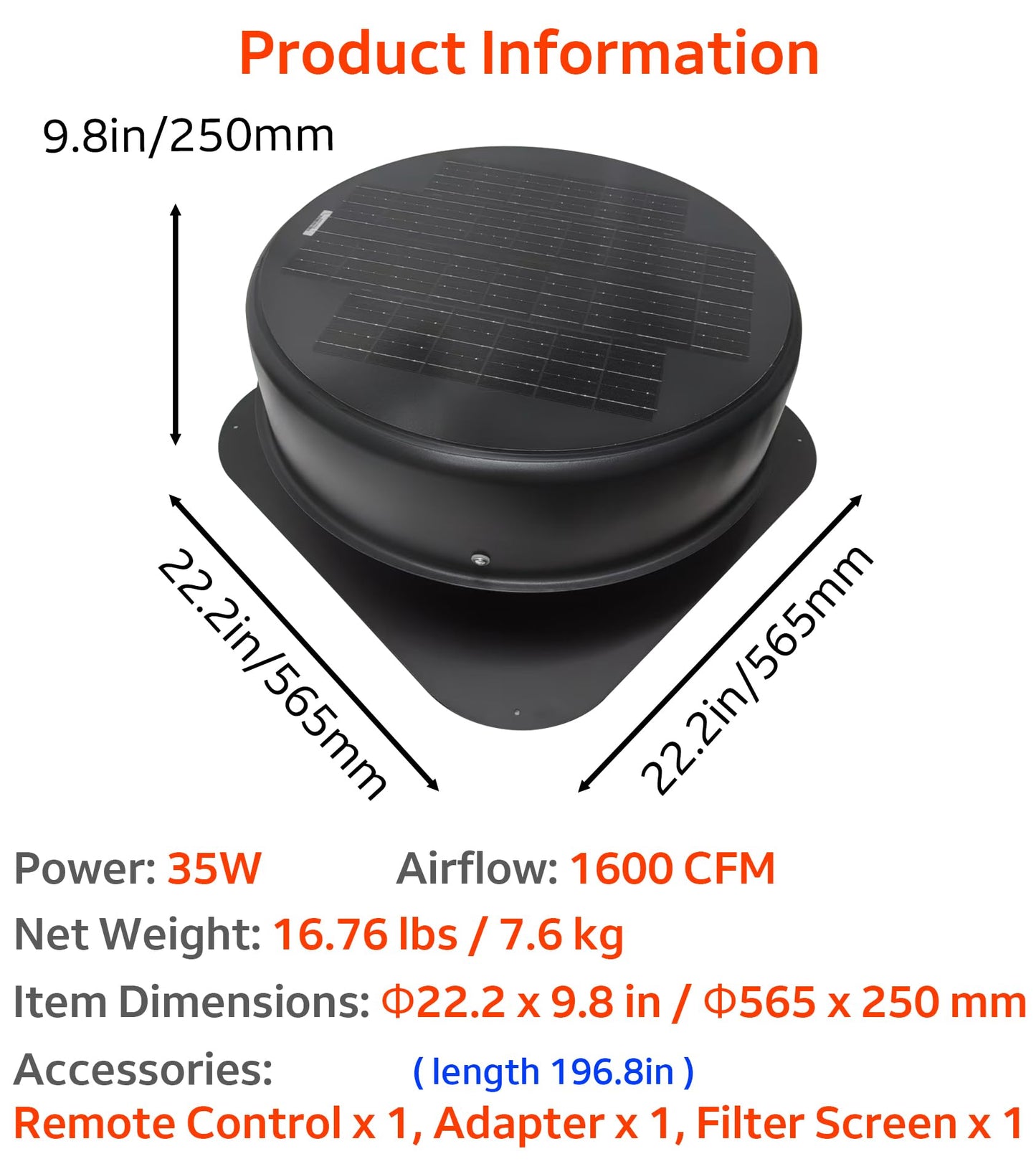 Solar Attic Fan, Solar Powered Roof Exhaust Fan 35-Watt with 110V Smart Adapter, 1600 CFM, Cools Up to 2500 Sq.Ft, 12 Inch Low Noise & Weatherproof, Ventilation for Home, Greenhouse, Garage, Workshop