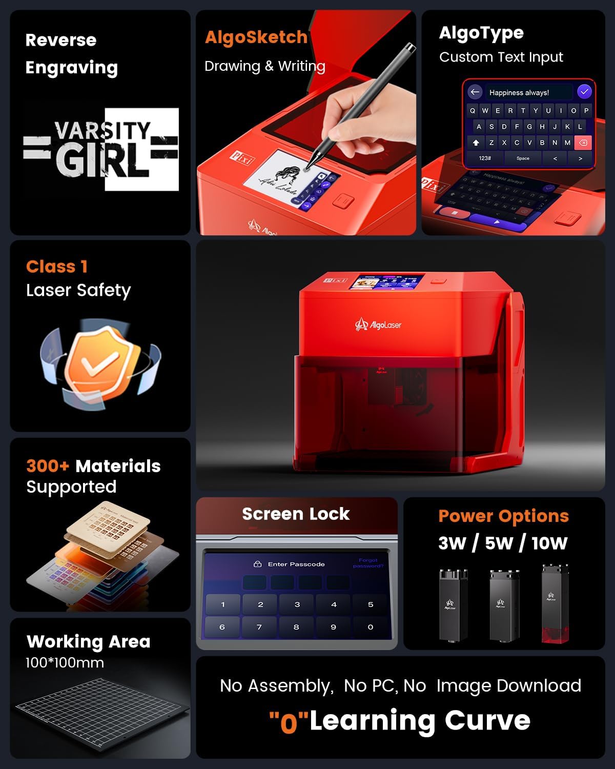 AlgoLaser 5W Laser Engraver Machine: Portable & Smart with 3.5" Touch Screen, Hand Drawing/Wireless/SD Card/Offline Engraving, AlgoOS Self Developed System for Wood, Acrylic, Leather