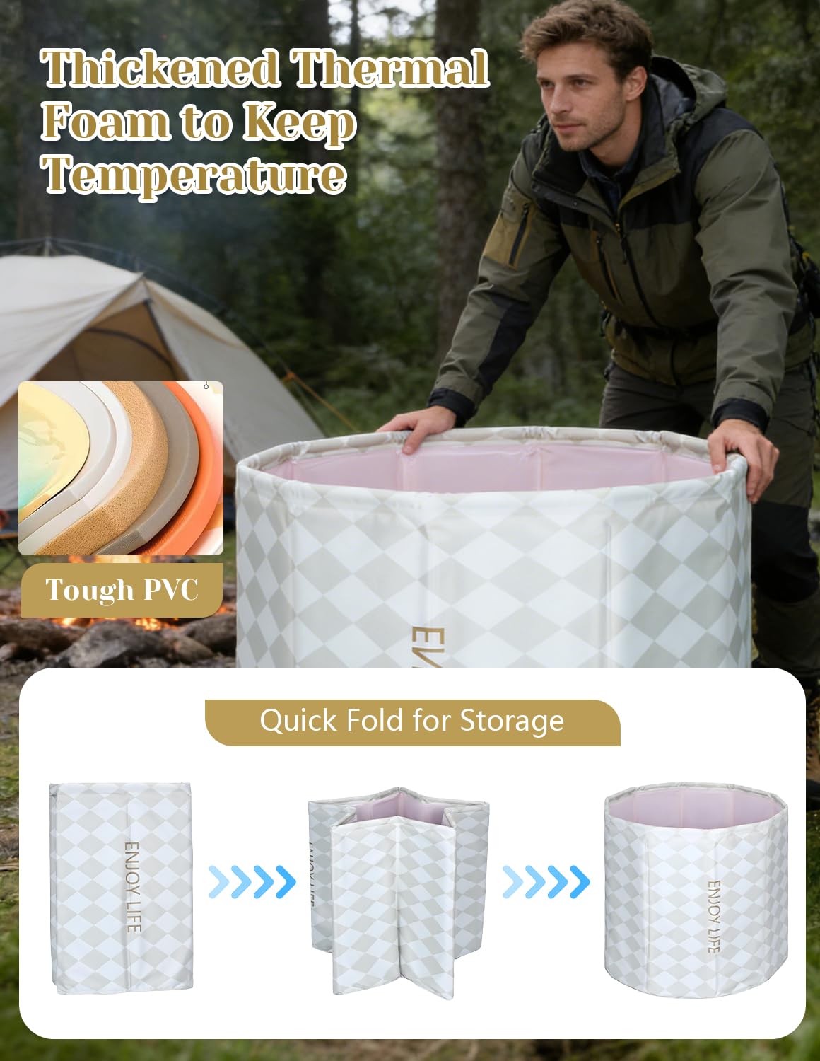ALSKHEAS Portable Bathtub for Adults, Collapsible Freestanding Bathtub for Shower, Hot Ice Bath Tubs with Thickened Thermal Foam to Keep Temperature, PVC Outdoor Soaking Tub (Argyle)