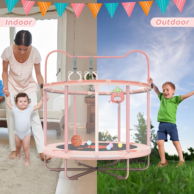 Gardenature 60" Kids Trampoline Indoor, 5ft Toddler Mini Trampoline with Basketball Hoop, Gymnastics Bar, Rings, Christmas Toys Birthday Gifts for Girls Boys Age 3-8