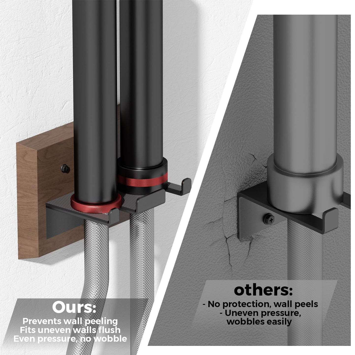 DEMEGA Barbell Wall Mount for 2 Barbells, Olympic Barbell Holder for Garage Gym, Vertical Bar Rack with Wooden Spacer Pad - Black Powder Coated Iron & Rubber Wood Base, Anti-Scratch Wall Protection & Extra Stability on Uneven Walls - Space Saving Home Gym