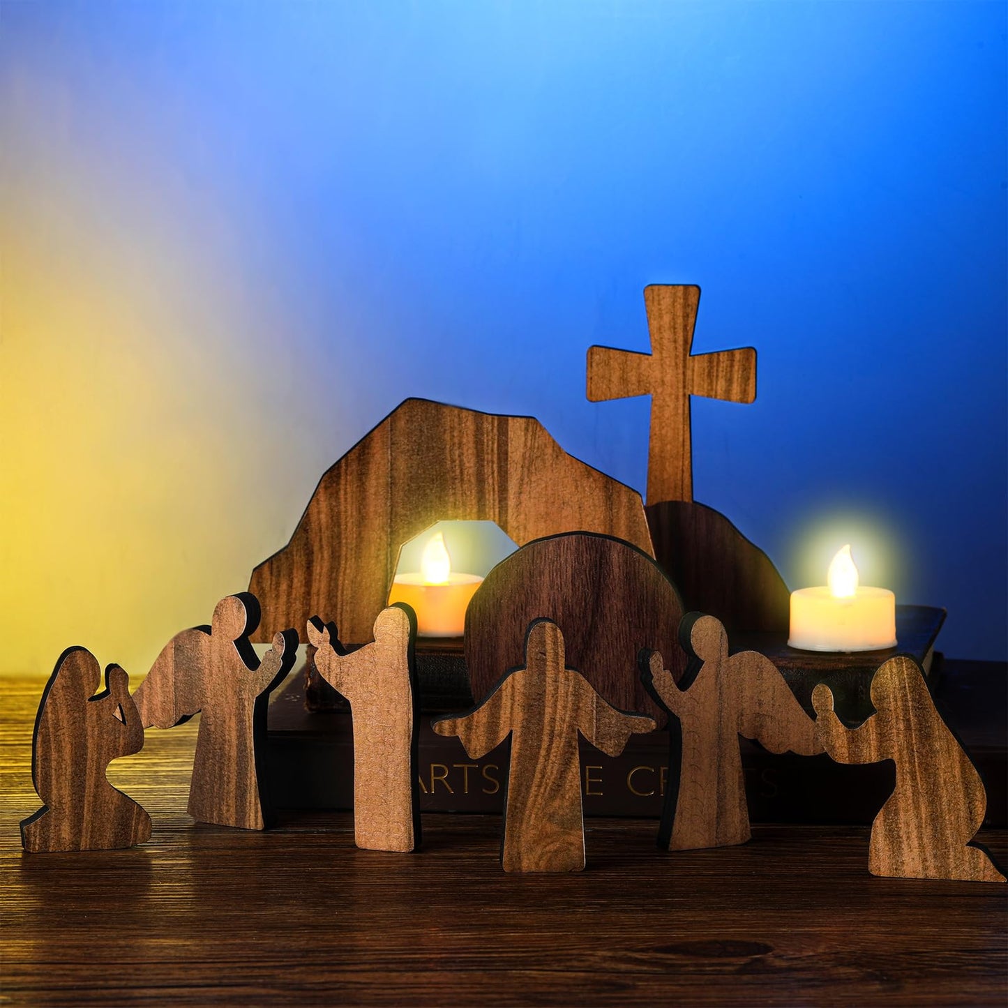 Wesiti 8 Pcs Easter Resurrection Scene Set Empty Tomb Easter Christian Cross Decorations Scene Wooden Decor Jesus Tray Set Tray with Nativity for Home Decoration Collectible Figurines