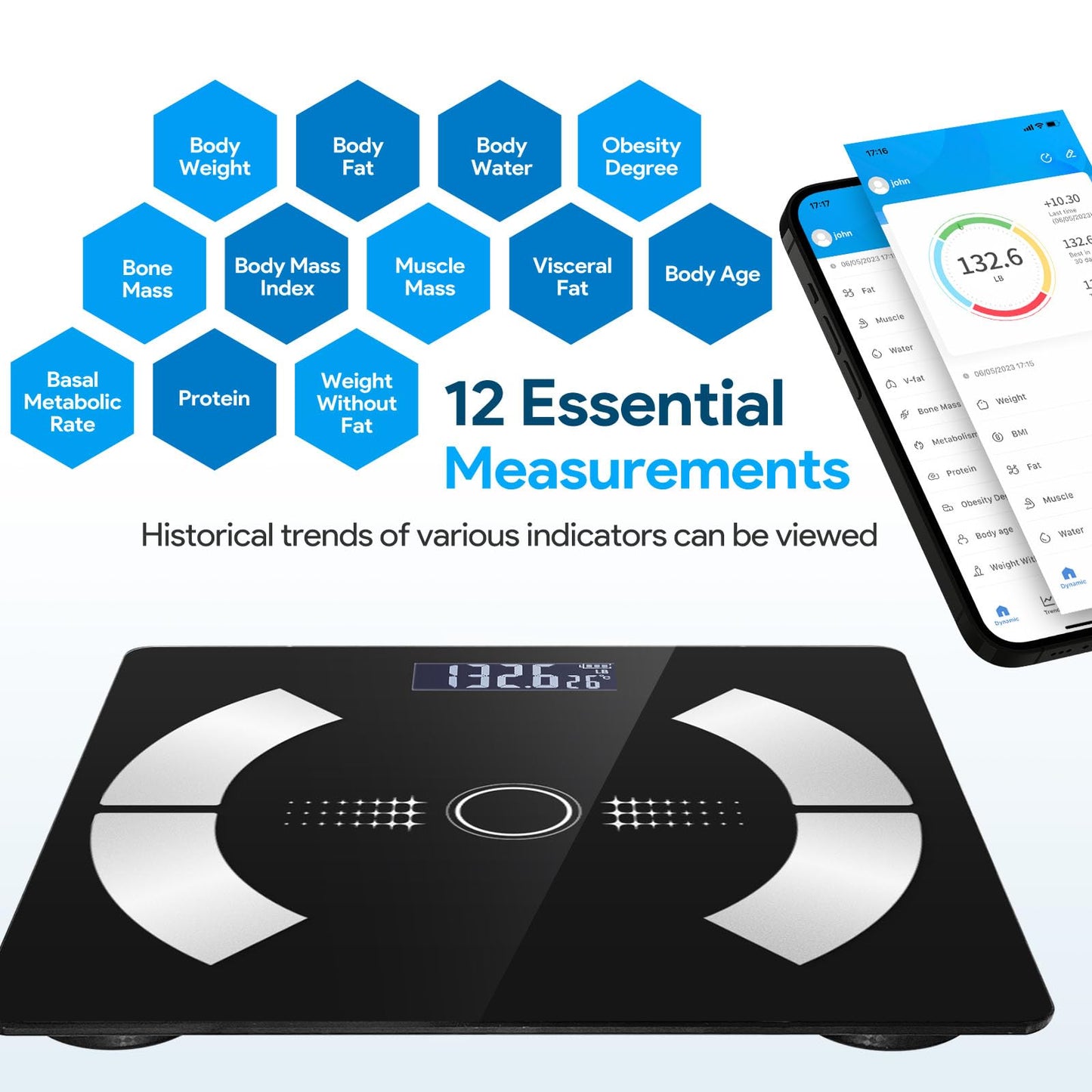 Smart Body Fat Scale - Accurate Digital Bathroom Scale with Bluetooth, 16 Essential Measurements Including Muscle Mass, Bone Mass, Body Water, BMI, and Visceral Fat【Black】