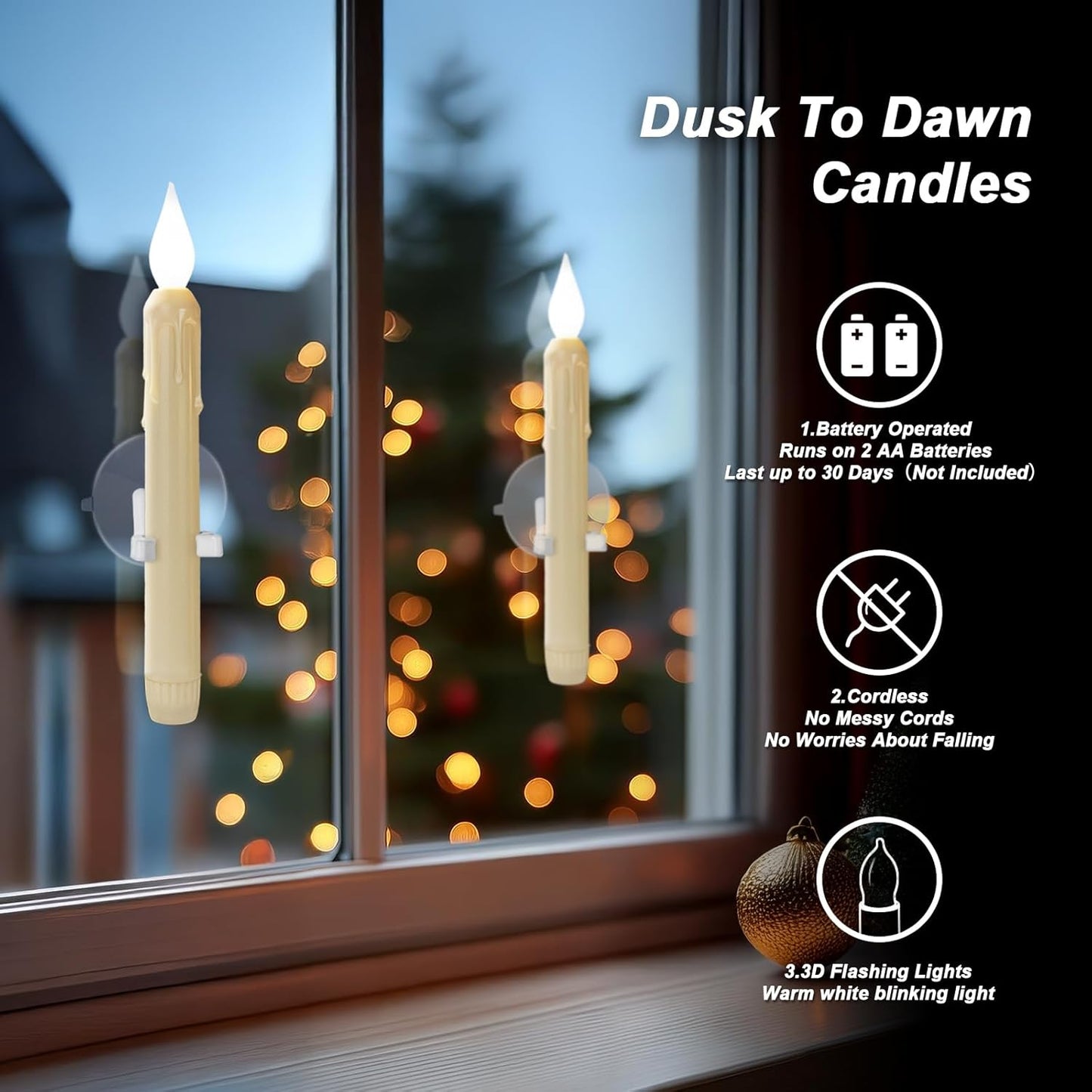 Skiennix 6 Pcs Sensor Window Candles - Flickering LED Battery Lights with Suction Cups for Xmas Decor | White