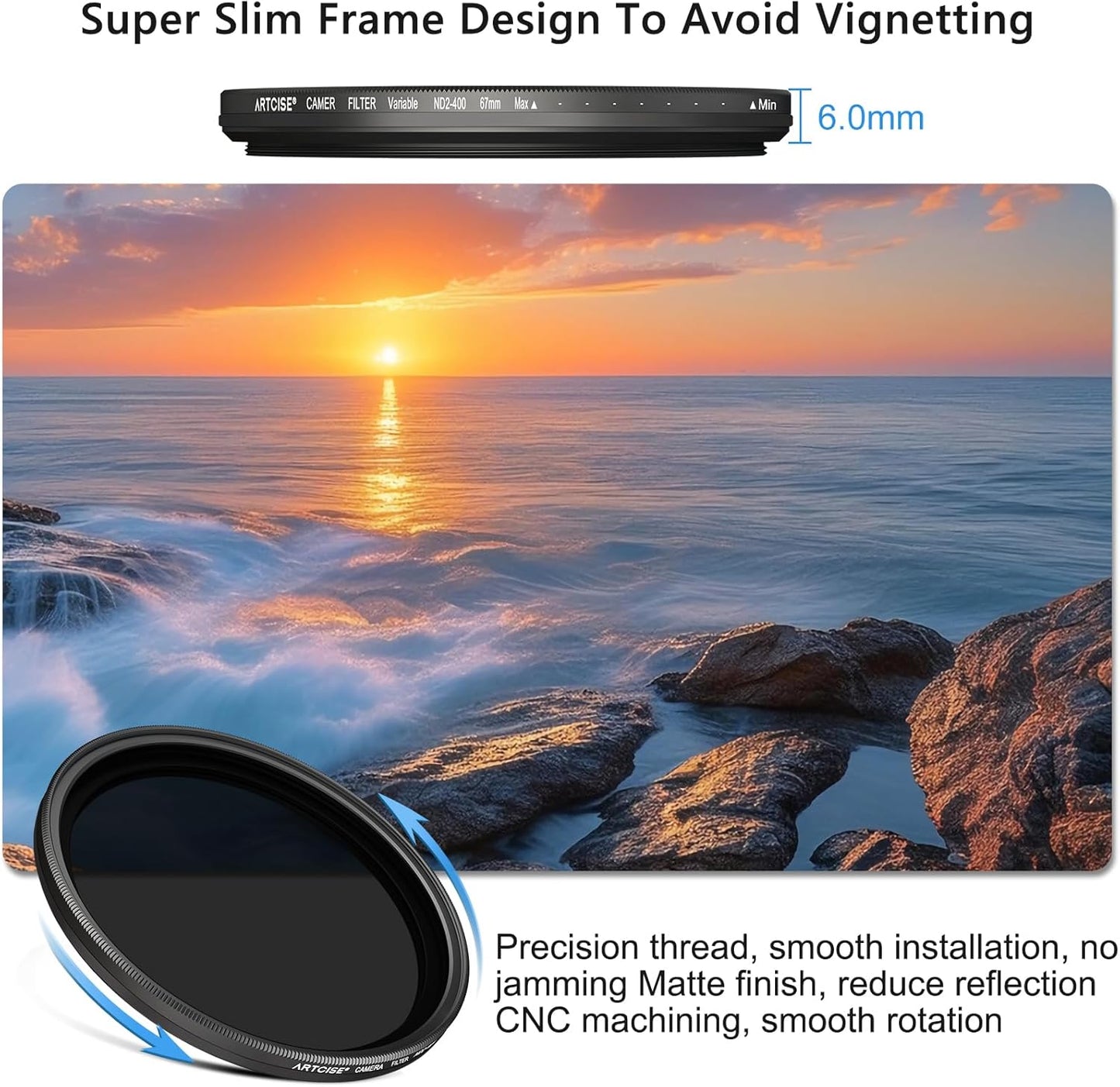 ARTCISE ND2-400 (82mm) Variable ND Filter HD Optical Glass, Anti-Glare, Ultra-Thin Frame, Precision Threads, Adjustable