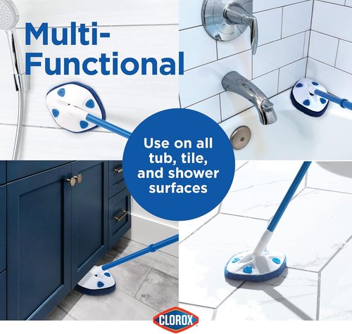 Clorox Extendable Tub & Tile Scrubber - Heavy Duty Bathroom Cleaning Brush with Pivoting Head & Refill Pad