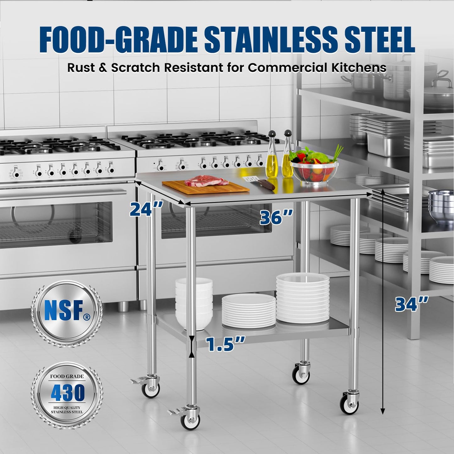 Chingoo Stainless Steel Work Table with Wheels, 24x36 Inch NSF Food Prep Table with Backsplash & Adjustable Undershelves for Commercial Kitchen, Restaurant, Garage