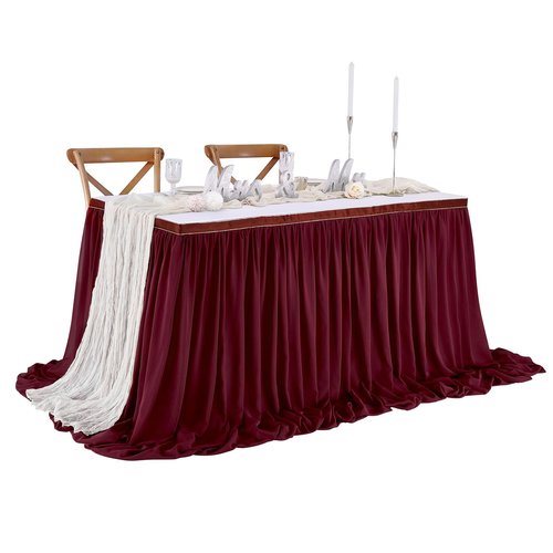 Burgundy Table Skirt 14FT Chiffon Table Skirting 2 Layer Rectangle Green Tablecloth for Birthday Baby Shower Wedding