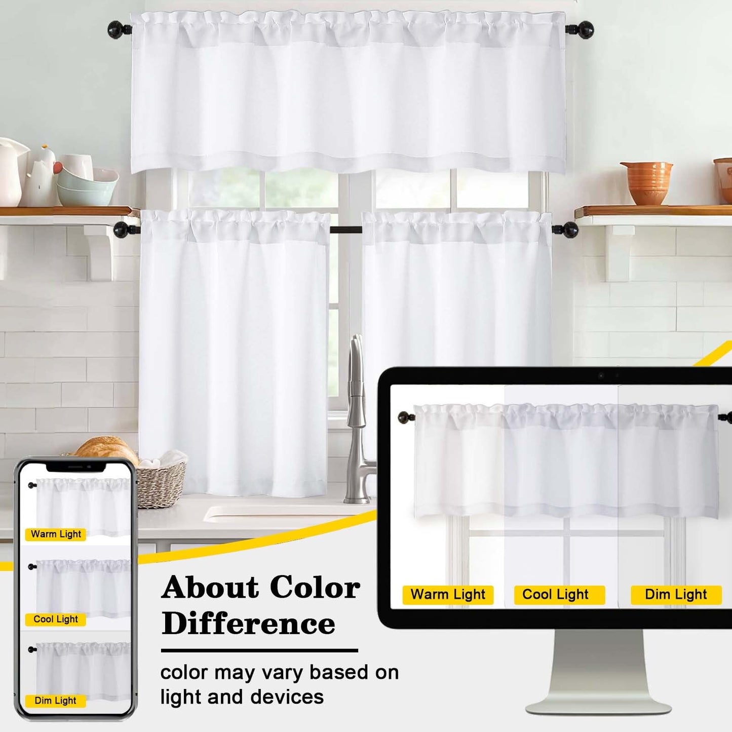 WelvetBLK White Valances for Windows 1 Piece, Soft Solid Thermal Insulated Decorative Small Kitchen Window Curtains for Bathroom Basement Cafe, White, 60" Wx14 L