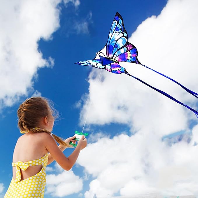 Simxkai Butterfly Kite for Kids & Adults, Easy to Fly Blue Big Kite for Beginners, Line Handle Included (1Pack 2Pack)