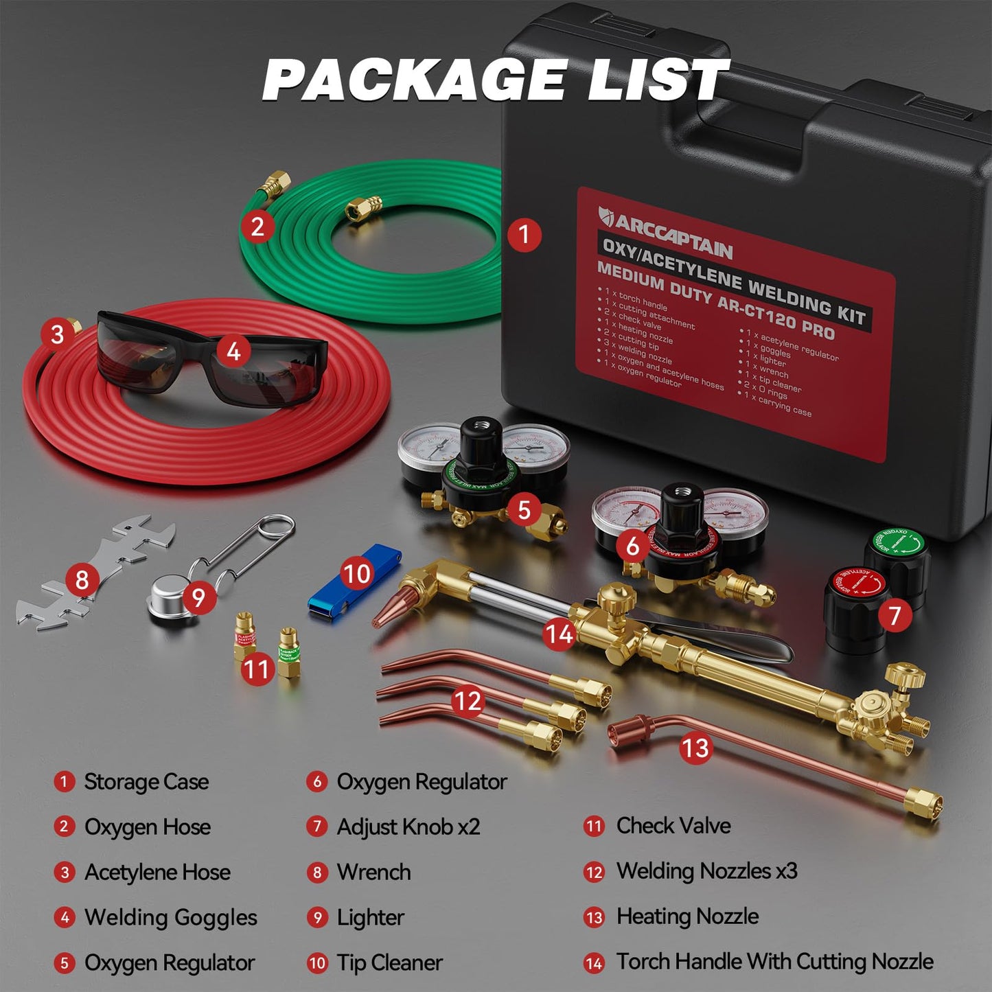 ARCCAPTAIN Oxy Acetylene Torch Kit with Check Valves, Medium Duty Gas Welding Cutting Torch Kit with Hose, Regulator Gauges, Cutting Tip, 3 Welding Tips and Storage Case