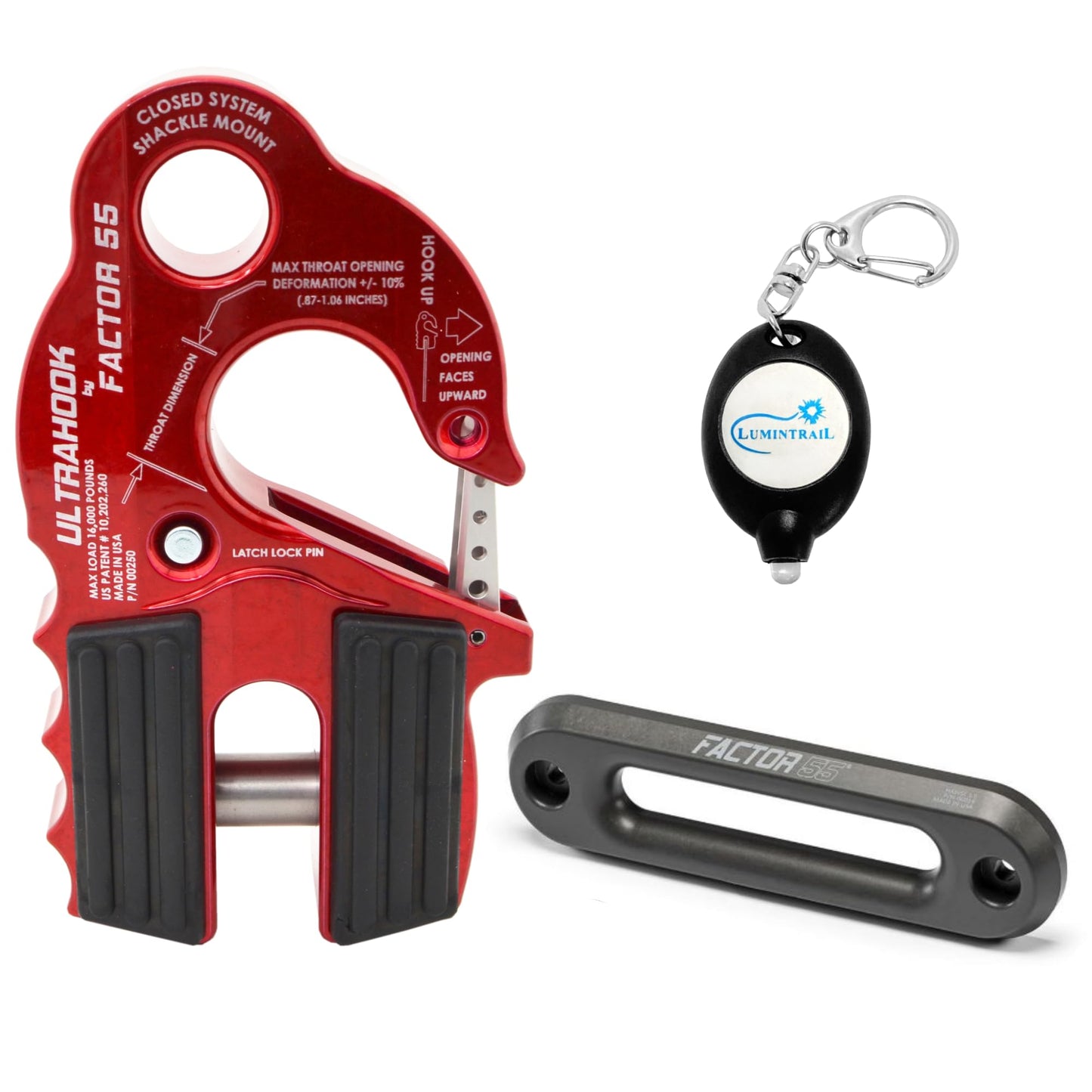 Factor 55 UltraHook Winch Hook Integrated Shackle Pin, Red (00250-01) Mount Recovery Towing Bundle w/a 1" Hawse Winch Fairlead (00016) & Keychain Light