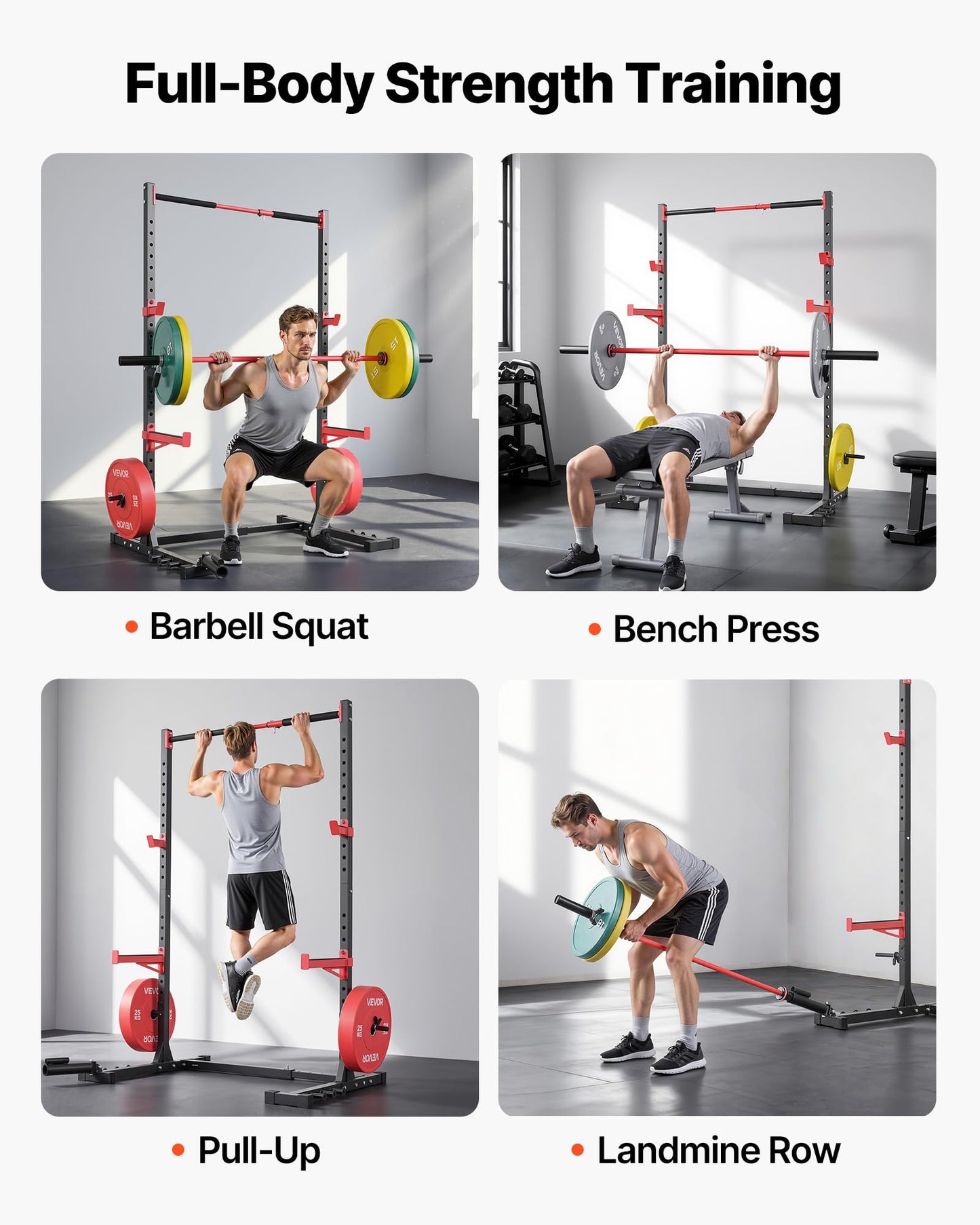 VEVOR Power Cage Rack, Multifunctional Squat Rack for Home Gym, Width-Adjustable Workout Strength Training Equipment with 6 Band Pegs, Landmine Attachment & Safety Bars for Bench Press Squats Pull-Up