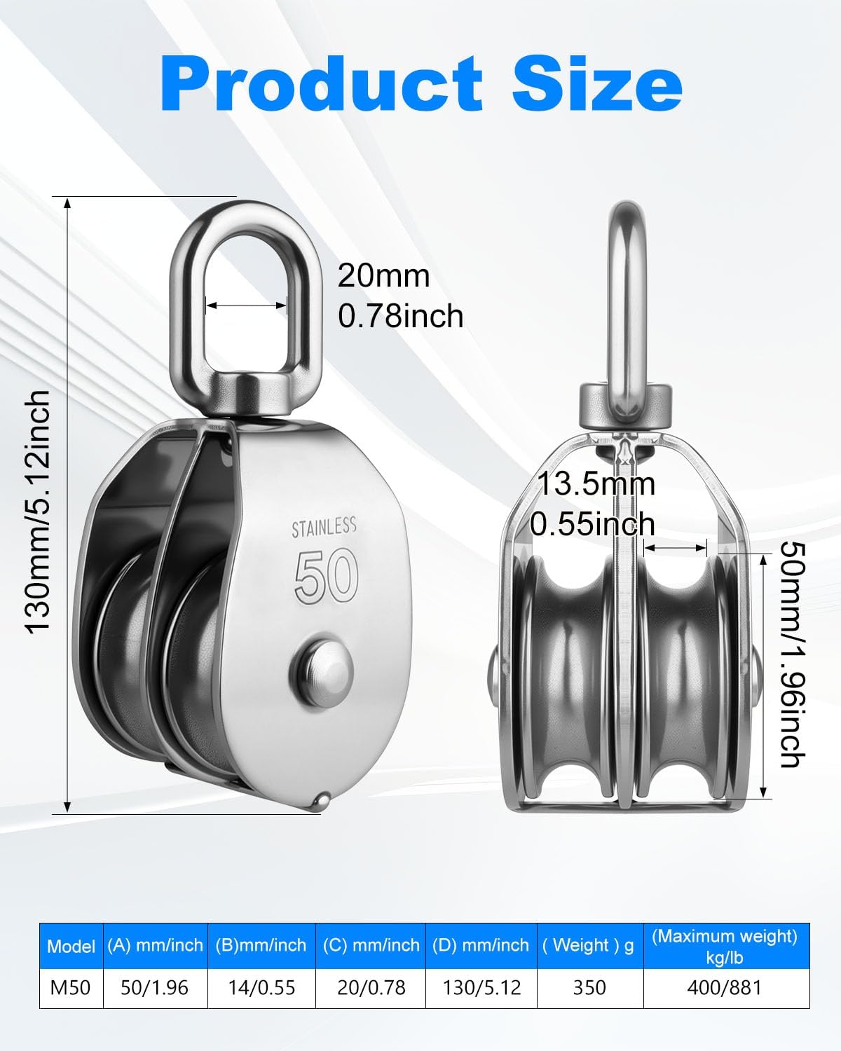 Rocaris 4 Pcs M50 Lifting Double Pulley Block 304 Stainless Steel Crane Swivel Hook Double Pulley Roller Loading
