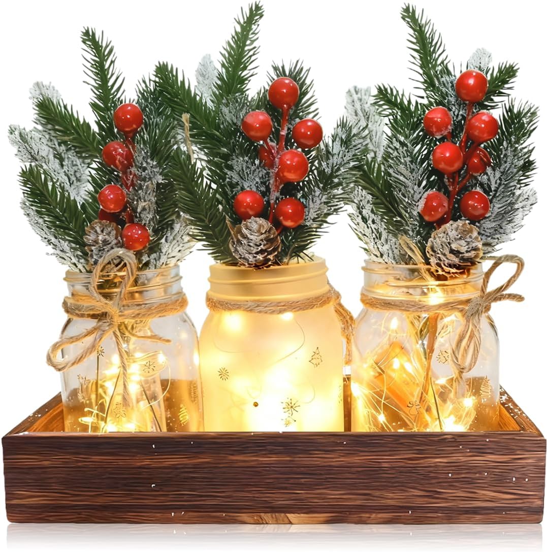 Skiennix Christmas Mason Jars - Decorative Tiered Tray with Wood Tray & Artificial Flowers | Holiday Centerpiece Decor