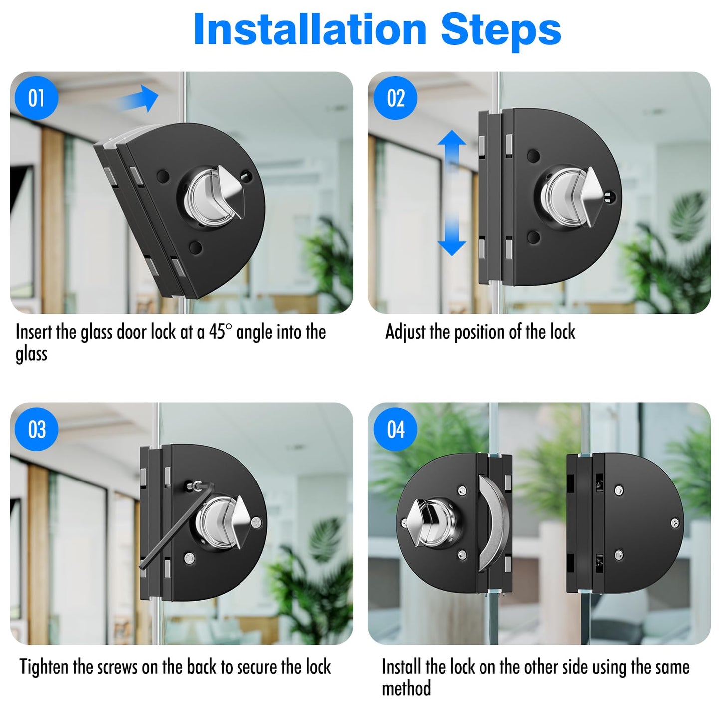 Ranbo Frameless Double-Sided Glass Door Lock,Clamp-On No-Drill,304 Stainless Steel,for 3/8"–1/2"(10–12mm) Sliding Door—for Office,Storefront,3 Keys,Matte Black—Double Swing Door Floor Lock Required