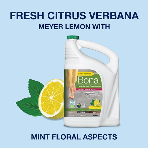 Bona Multi-Surface Floor Cleaner Refill - 128 Fl Oz - Lemon Mint | Residue-Free Solution for Stone, Tile, Laminate & Vinyl Floors