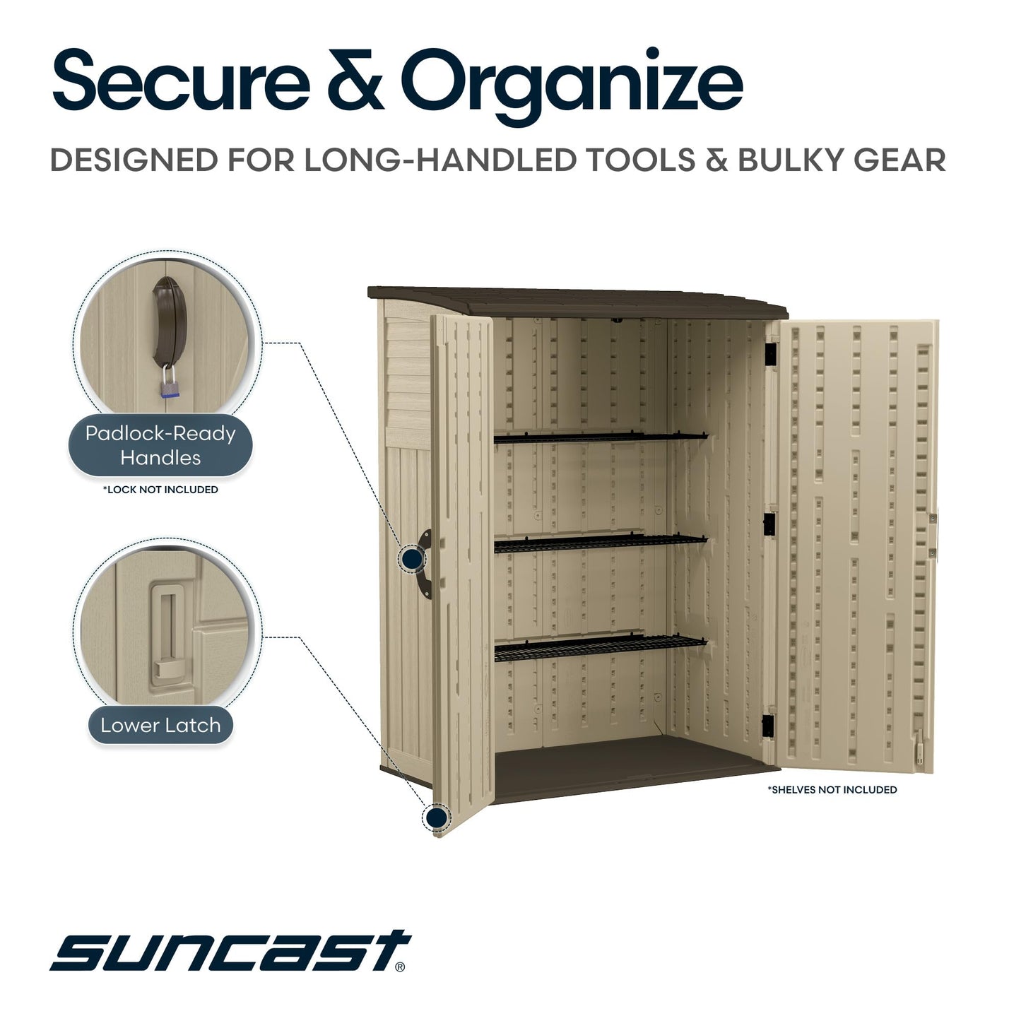 Suncast Outdoor Storage Shed, Water Resistant Resin Vertical Outdoor Storage Cabinet for Patio, Garden Tools, Cushions, & Equipment, Weatherproof Multi-Wall Design, 54 cu. ft., Made in USA