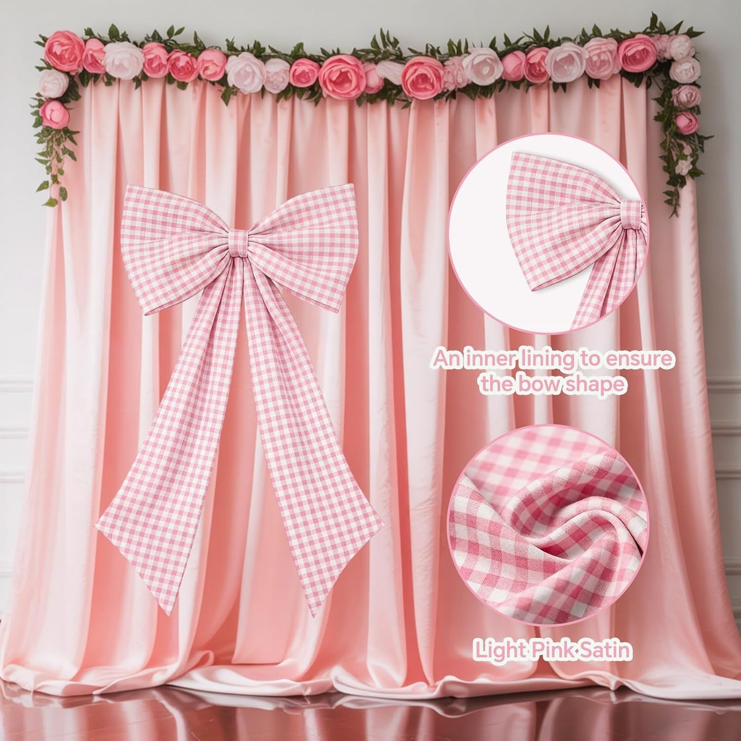 Silly Goose Pink Checkered Bow Decor | 2-Pack Large & Small for Coquette Room Backdrop