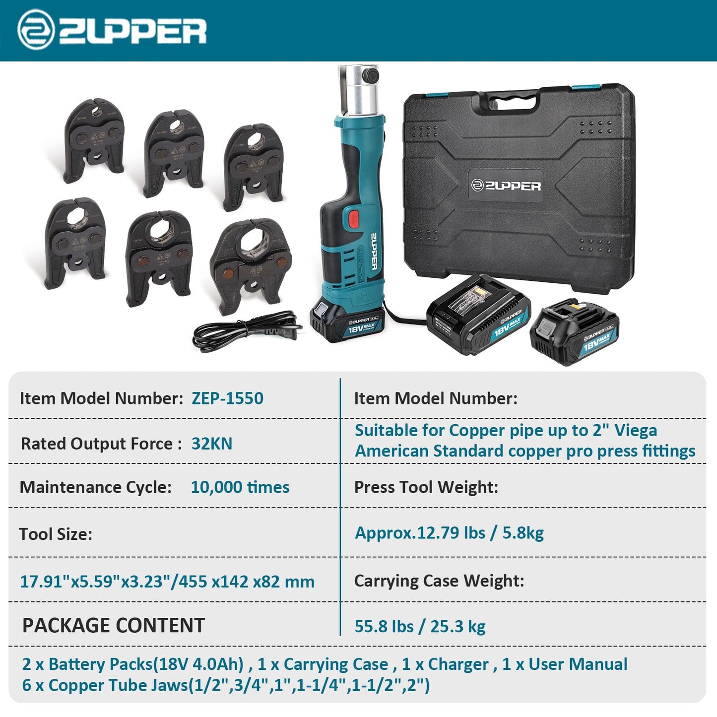 ZUPPER Press Tool,18V Electric Copper Crimper Tool with 6 Copper Press Jaws 1/2" to 2" Standard Copper Press Tool Kit Compatible with Propress Fittings,2PCS 4AH Batteries, Fast Charger & Carrying Case