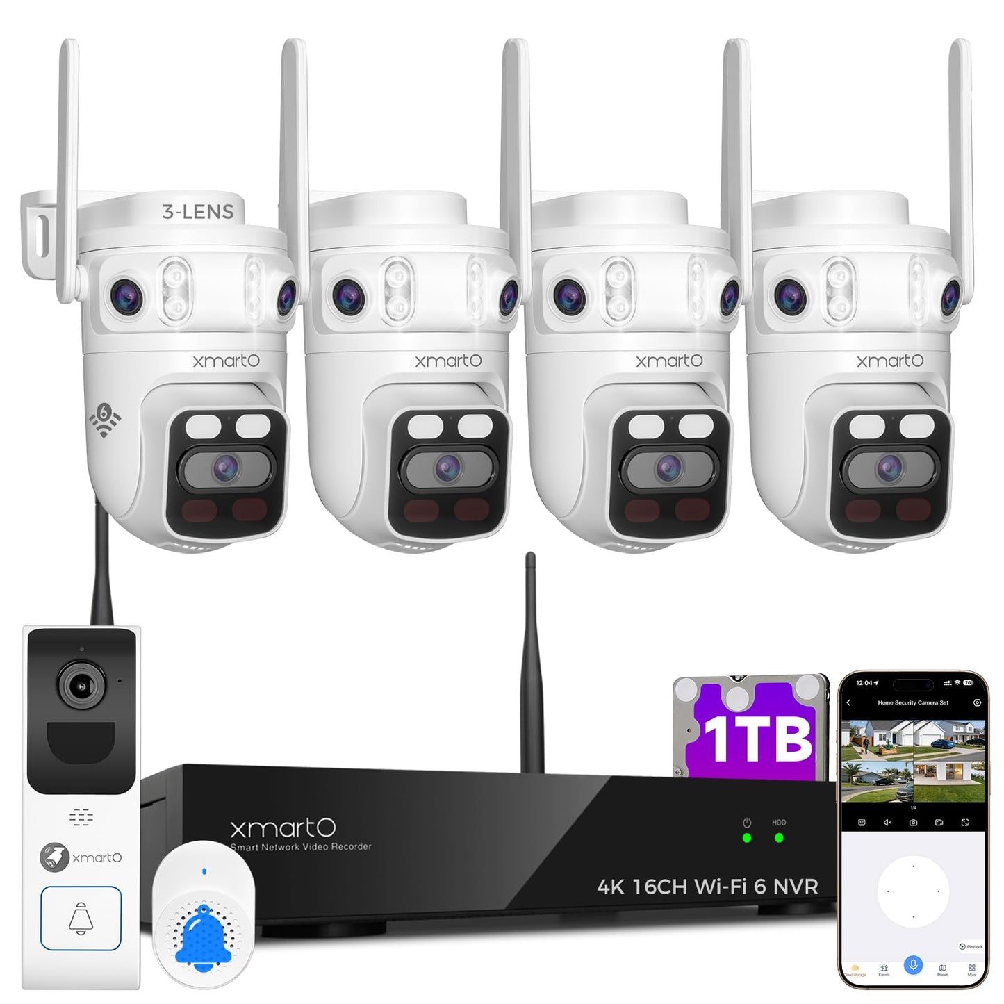 [Doorbell + 4-CAM] XMARTO 6MP Tri-Lens Wireless Security Camera & Smart Doorbell Set, 4Pcs 3-View 360°PTZ AI Tracking Cam & 16CH 4K WiFi6 NVR (1TB HDD) & 2.4G/5G Dual Band Doorbell, No Monthly Fee