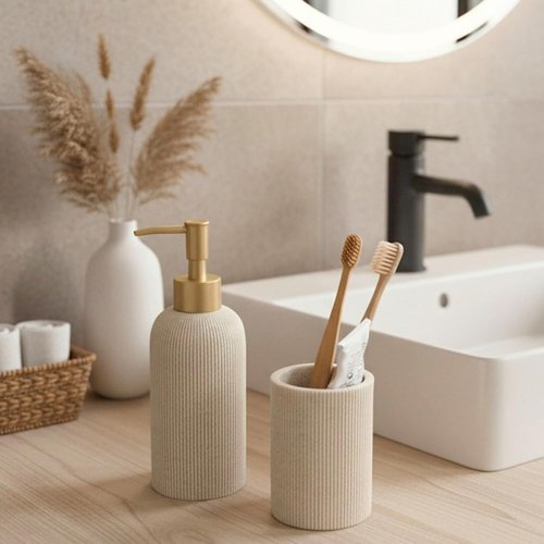Lunestella Hand Soap Dispenser - Luxury Sand Beige Design with Matte Gold Pump | 7oz Multiuse for Bathroom & Kitchen