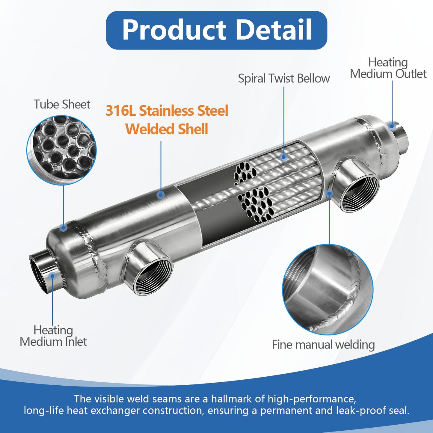 AB Swimming Pool Heat Exchanger 55kBtu Stainless Steel 316L Same Side Ports 1 1/2" & 1" FPT