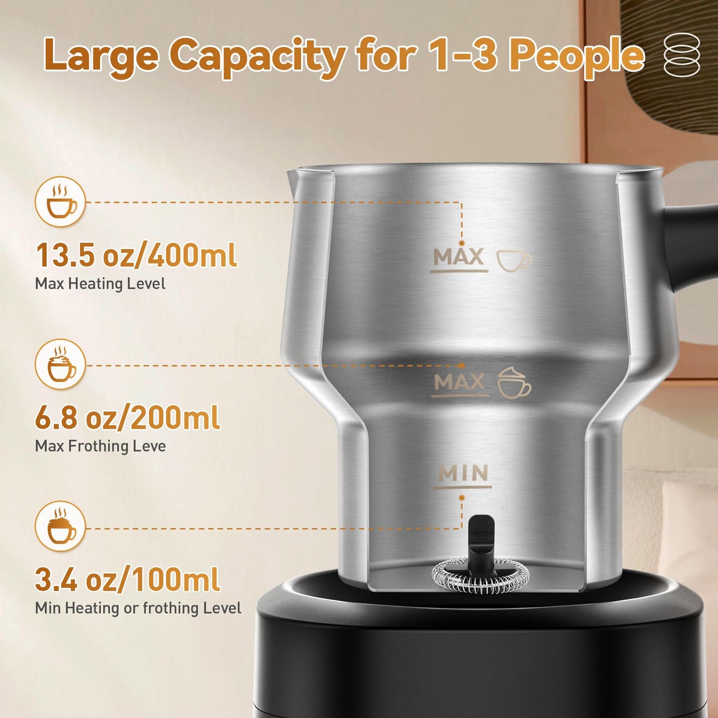 Secura 4-in-1 Electric Milk Frother and Steamer, 13.5oz with Detachable Dishwasher-Safe Stainless Steel Jug – Hot and Cold Foam Maker, Milk Warmer for Coffee, Lattes, Hot Chocolate - Induction Heating