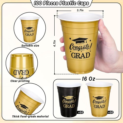 FYSUIMU 16Oz Graduation Cups - 100Pcs Gold & Black Disposable Drinking Cups for Party Supplies