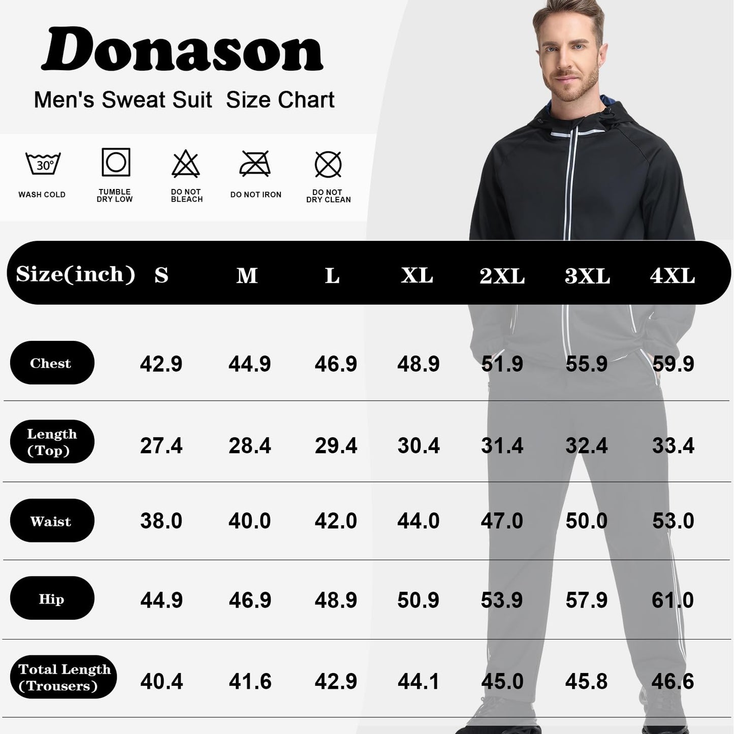 Donason Men's Sauna Suit Full Body Sweat Suit with Hood for Weight Loss Durable Sauna Jacket Pants for Gym Workout Body Shaper Heat-Trapping Fitness Shapeweasr Long Sleeve Tracksuit Zipper Top Bottom