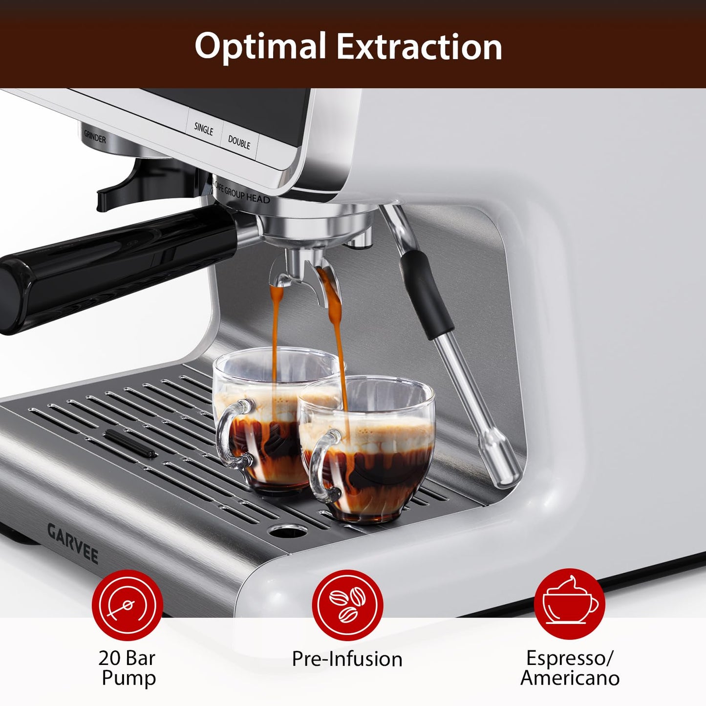 Garvee Espresso Machine, Espresso Machine with Grinder, Brushed Stainless Steel, Espresso Coffee Maker with Milk Frother for Home Barista Commercial Use（White Silver）