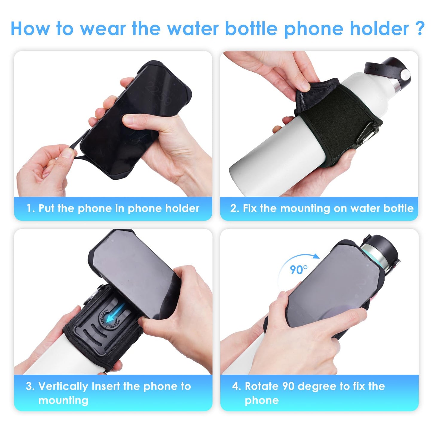Cikyner Water Bottle Strap, Water Bottle Holder for Mobile Phone 360° Rotatable & Removable Water Bottle Pouch Gym Water Bottle Accessories for 4.5-7'' Mobile Phone & 18-40 oz Water Bottles (G7)