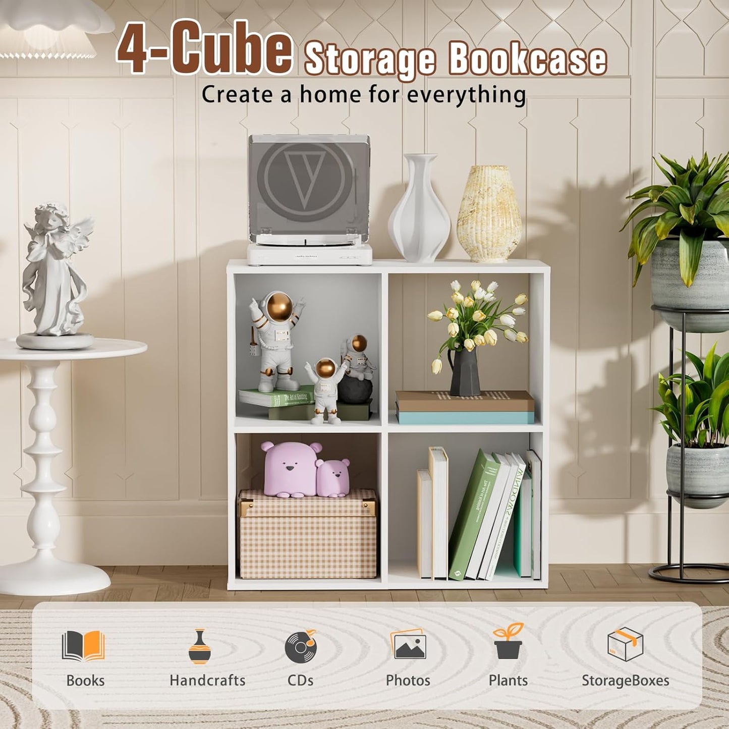 Skiennix 4-Cube Storage Organizer - Stylish Freestanding Bookcase for Bedroom & Home Office | White