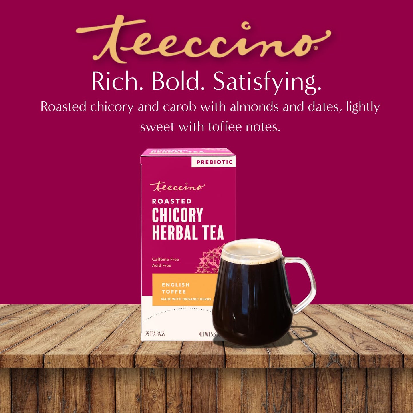 Teeccino English Toffee Herbal Tea - 25 Tea Bags - Rich & Roasted Herbal Tea That’s Caffeine Free & Prebiotic For Natural Energy & Good Digestion, 3 X More Herbs In Each Tea Bag
