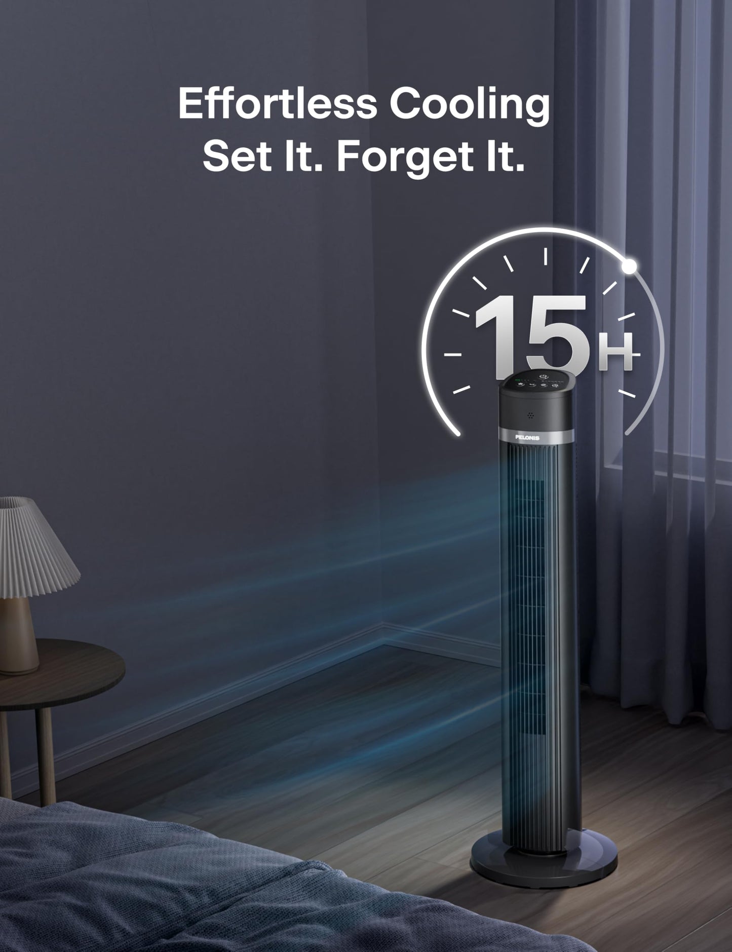 PELONIS 40 inch Bladeless Tower Fan for Bedroom, Standing Fan with Remote Control, 26ft/s, 90° Oscillation, 3 Speed Settings, 27 Db, 3 Modes, 15-Hour Timer, LED Display, Fan that Blows Cold Air, Grey