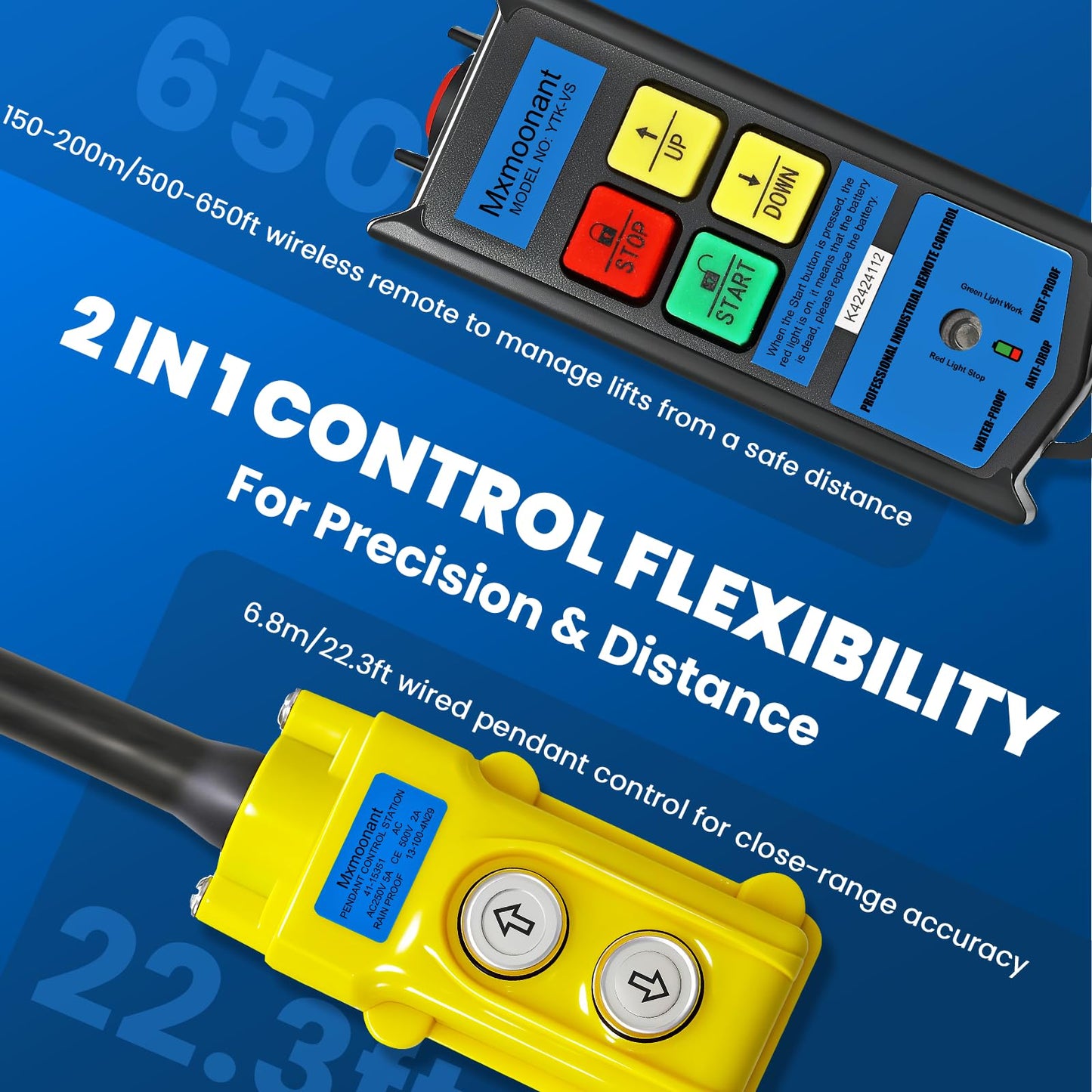 Mxmoonant 2 in 1 Fast Electric Hoist 550lb/250kg, 49ft/15m Lifting Height, Pendant & Remote Control, 19m/min Quick Speed, Double Hook for Garage, Repair Shops, Constructions, Workshops