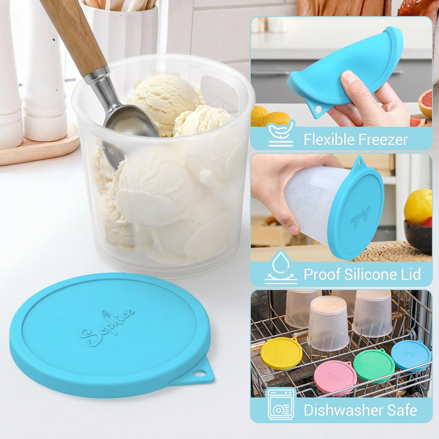 SOPHICO Ice Cream Pint Containers with Silicone Lids, Freezer Food Storage Tubs for Homemade IceCream, Meal Prep, Yogurt and Soup, Airtight & Dishwasher Safe (MEDIUM, 4 Pack)