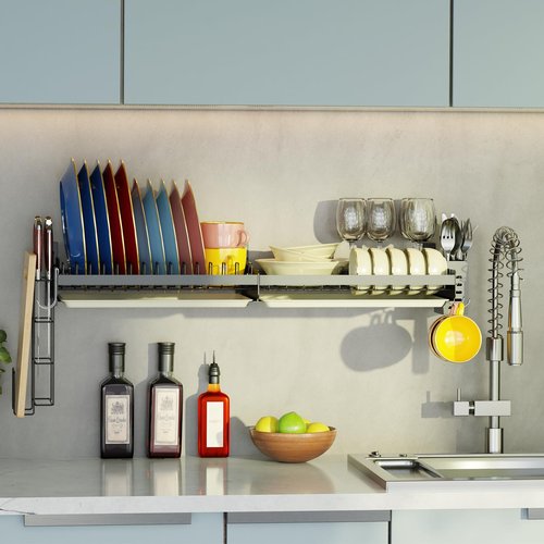 Besamery Hanging Wall Mounted Dish Drying Rack with Cutting Board Rack*1, Hook*4, Drain Tray*2, Apartment & RV Wall Mounted Dish Rack, Adhesive Mountable, Mounted Length: 31.8", Washable (Black)